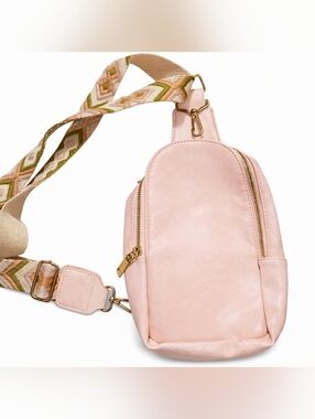Blush Pink Sling Backpack Crossbody Bag Wide Strap Boho Adjustable Faux Leather